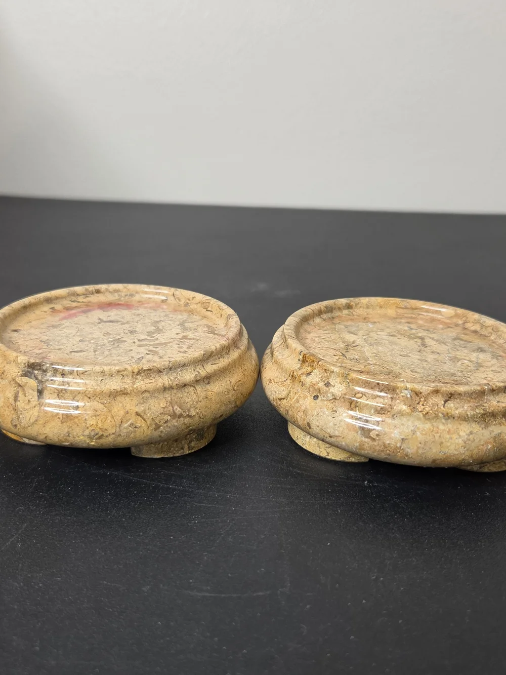 Vintage Footed Natural Fossil Stone Display Stands Or Candle Pedestals